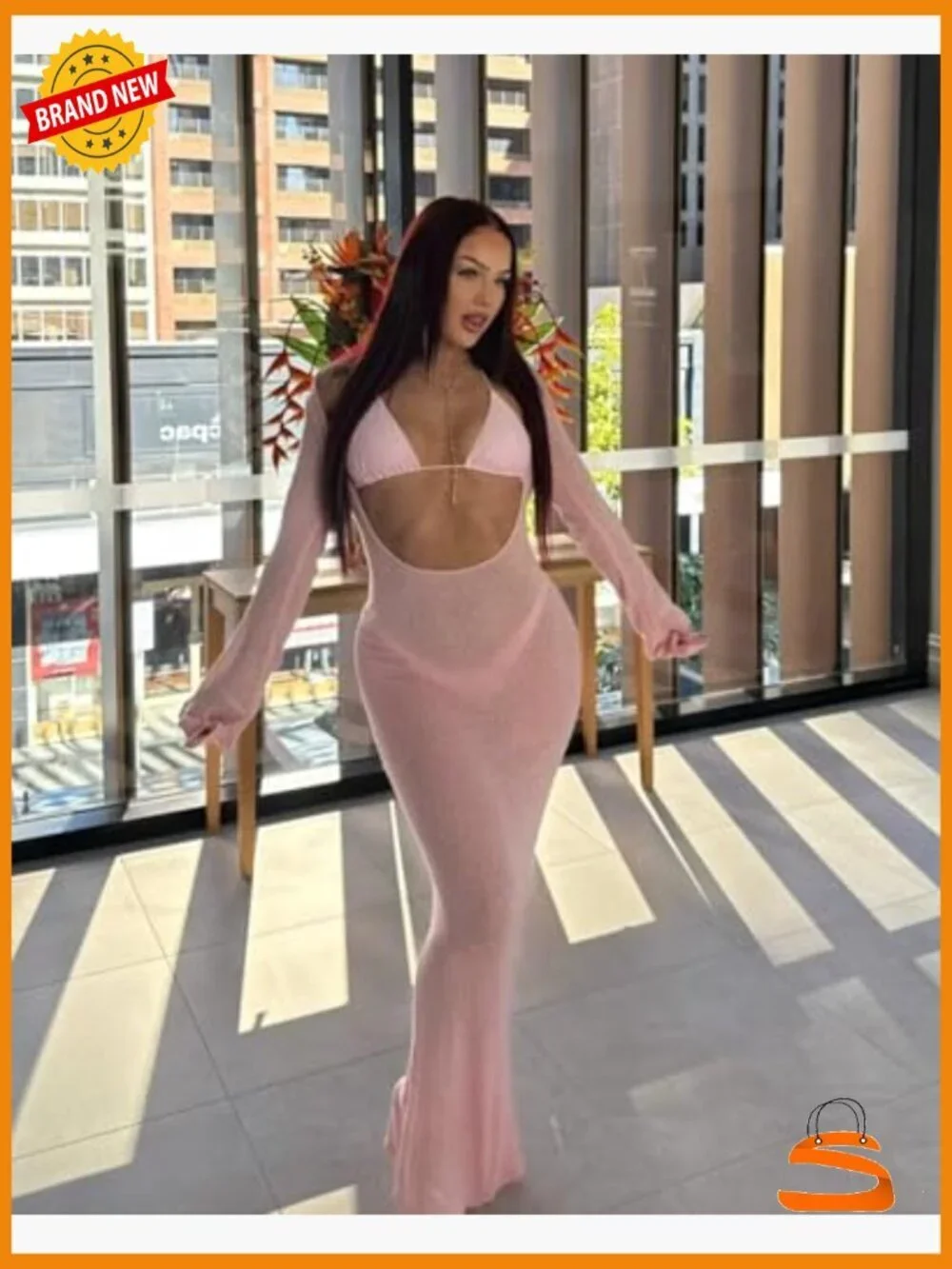 Long Sleeve Sheer Mesh Maxi Dress Cover Up with Triangle Bikini Set XS